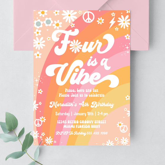 Editable Four Is A Vibe Birthday Invitation G404