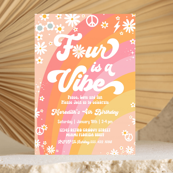 Editable Four Is A Vibe Birthday Invitation G404