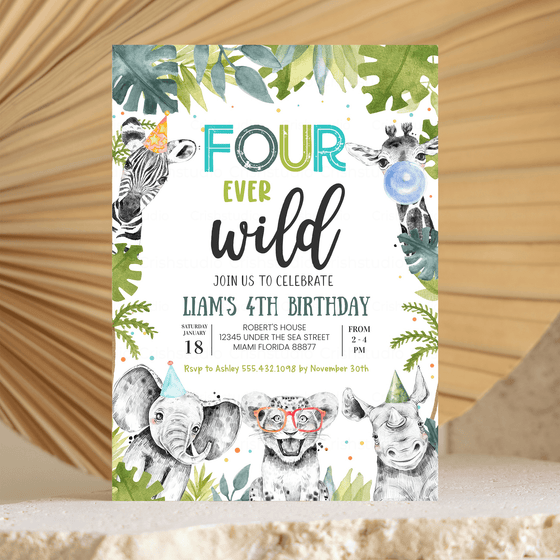 Editable Four Ever Wild Birthday Invitation S104