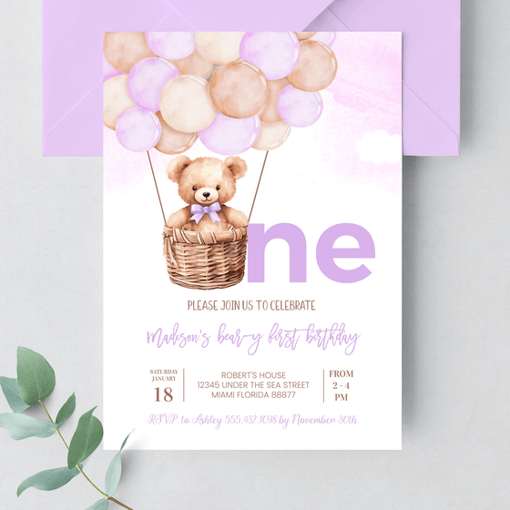 Editable Teddy Bear Birthday Invitation T604