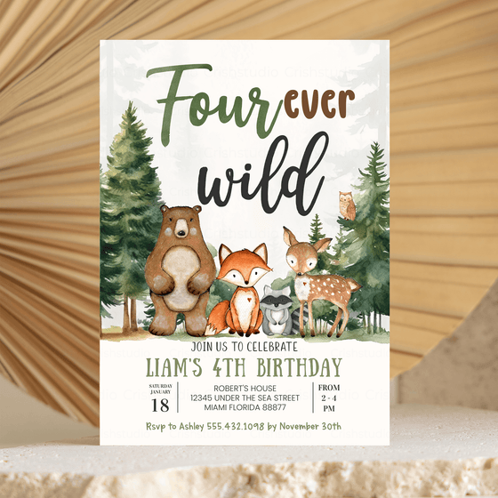 Editable Four Ever Wild Birthday Invitation W304