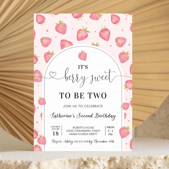 Editable Berry Sweet 2nd Birthday Invitation BF05