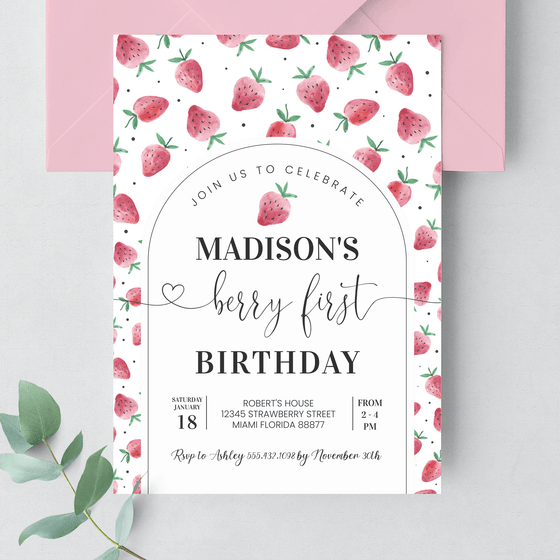 Editable Berry First Birthday Invitation Strawberry BF21