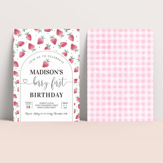 Editable Berry First Birthday Invitation Strawberry BF21