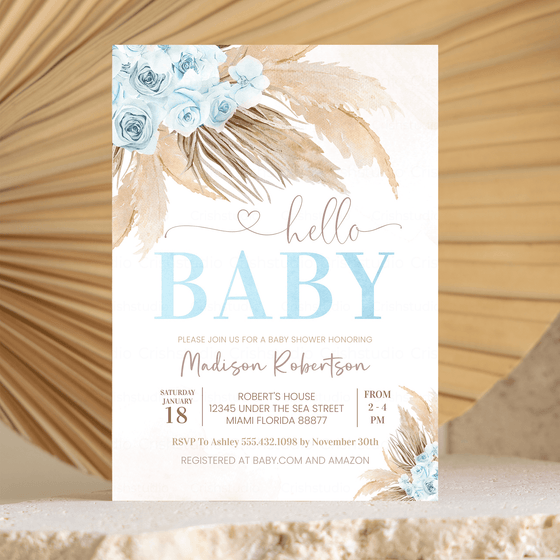 Editable Boho Pampas Grass Baby Shower Invitation BP105