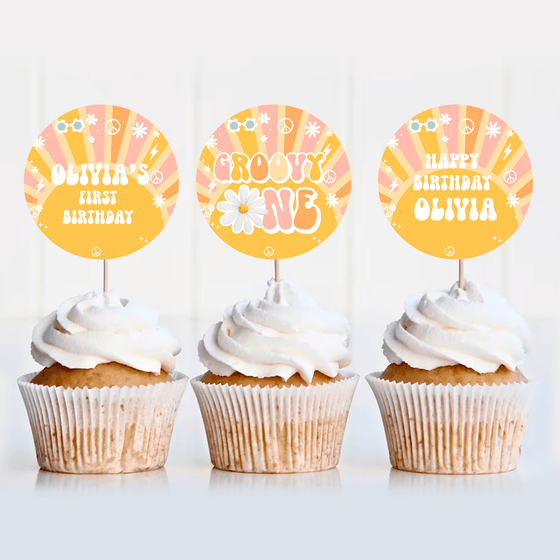 Editable Groovy ONE Cupcake Toppers G113