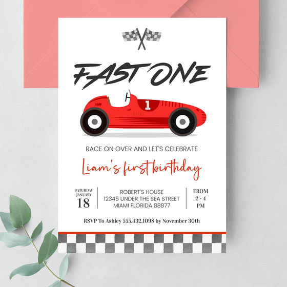 Editable Fast ONE Birthday Invitation R203