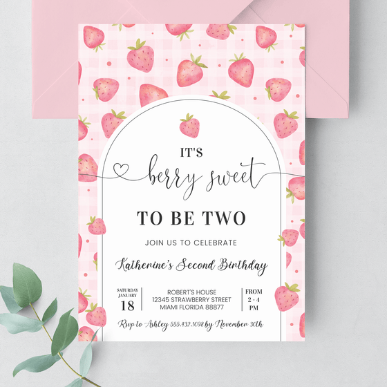 Editable Berry Sweet 2nd Birthday Invitation BF07