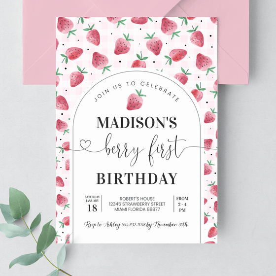 Editable Berry First Birthday Invitation Strawberry BF22