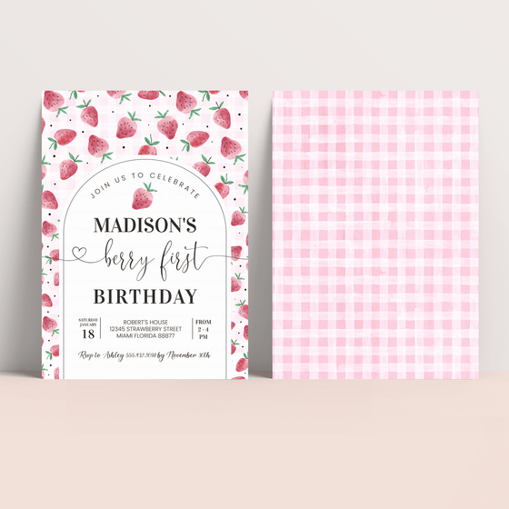 Editable Berry First Birthday Invitation Strawberry BF22