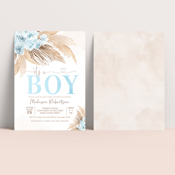 Editable Boho Pampas Grass Baby Shower Invitation BP106