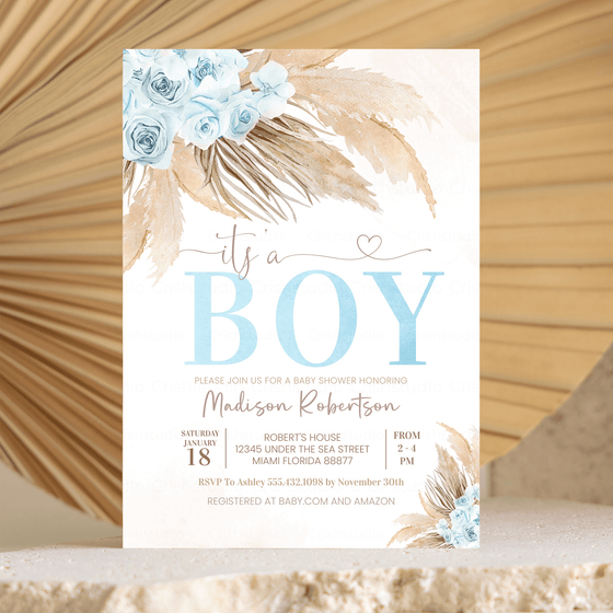 Editable Boho Pampas Grass Baby Shower Invitation BP106