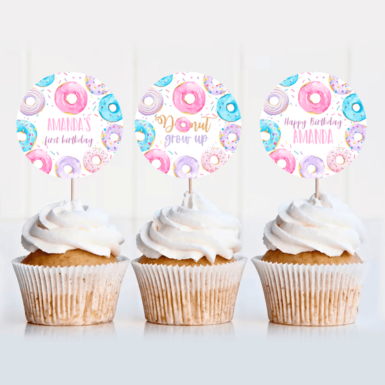 Editable Donut Grow Up Birthday Cupcake Toppers D006