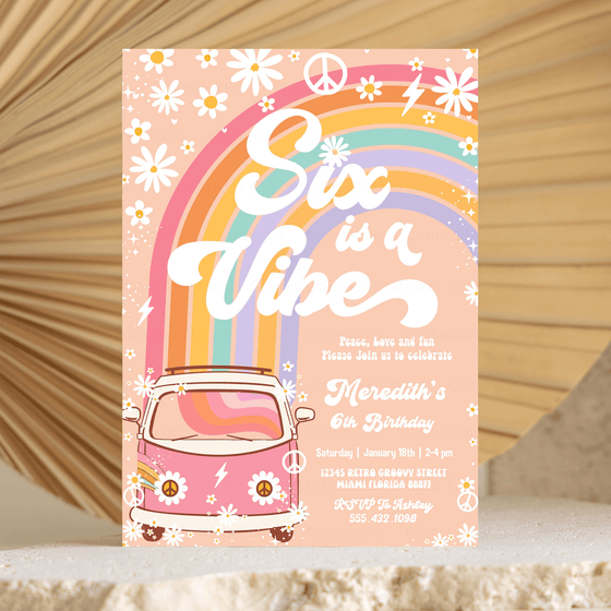 Editable Six Is A Vibe Birthday Invitation s G206