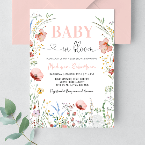 Editable Baby In Bloom Baby Shower Invitation B001