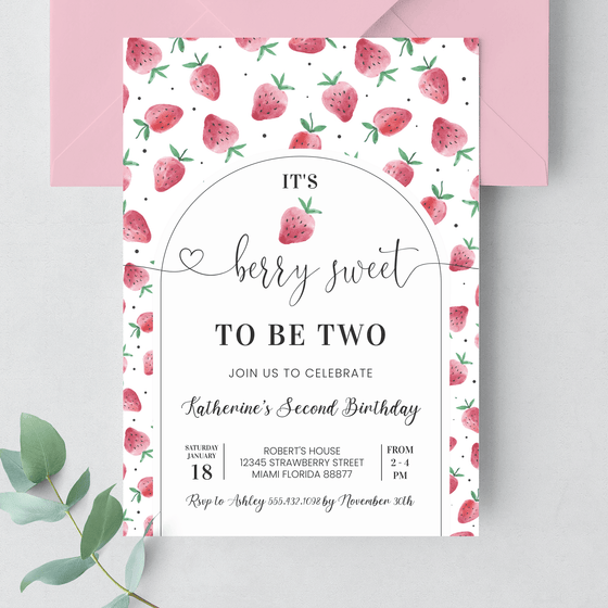 Editable Berry Sweet 2nd Birthday Invitation BF25