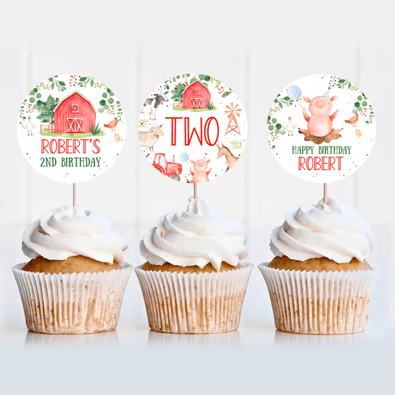 Editable Birthday Cupcake Toppers Farm F101