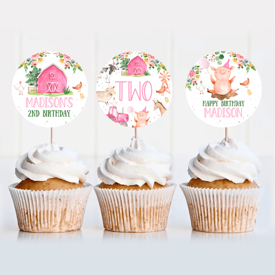 Editable Birthday Cupcake Toppers Farm F102