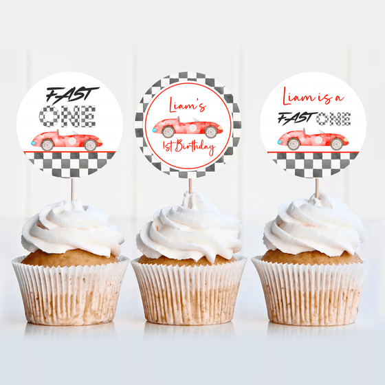 Editable Fast One Birthday Cupcake Toppers R303