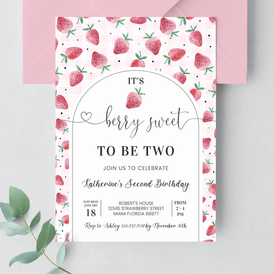 Editable Berry Sweet 2nd Birthday Invitation BF26
