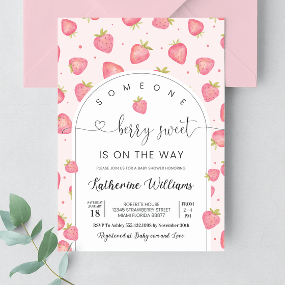 Editable Strawberry Shower Baby Shower Invitation BS01