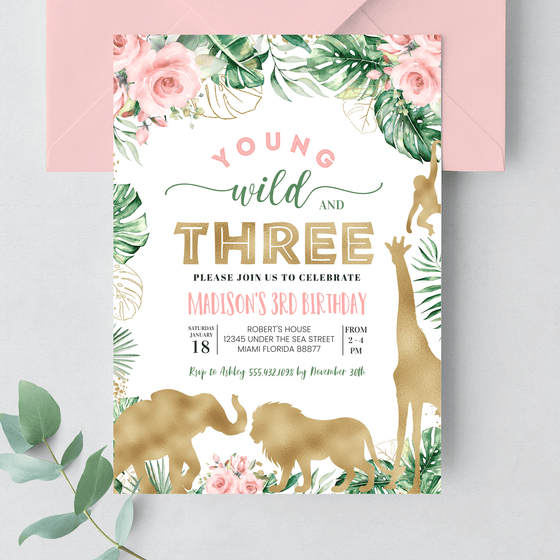 Editable Young Wild And Three Birthday Invitation JG03