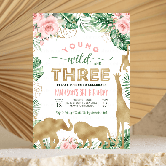 Editable Young Wild And Three Birthday Invitation JG03