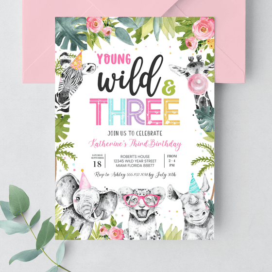 Editable Young Wild And Three Birthday Invitation S203