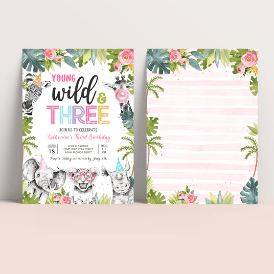 Editable Young Wild And Three Birthday Invitation S203