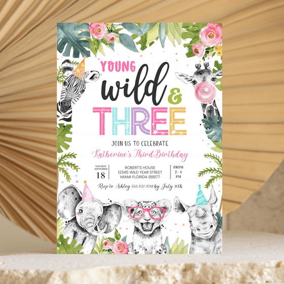 Editable Young Wild And Three Birthday Invitation S203