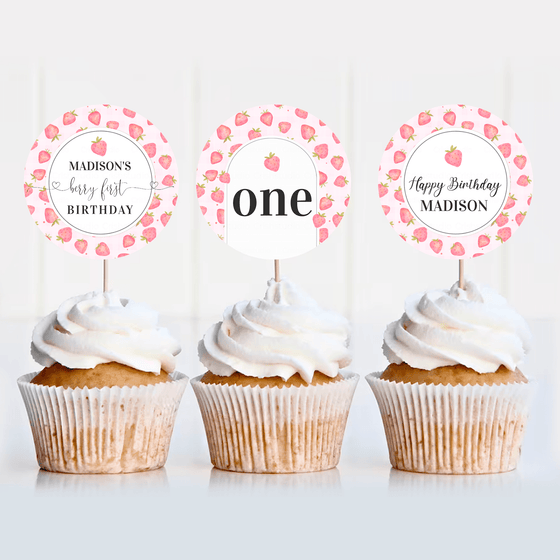 Editable Berry First Birthday Cupcake Toppers Strawberry BF03