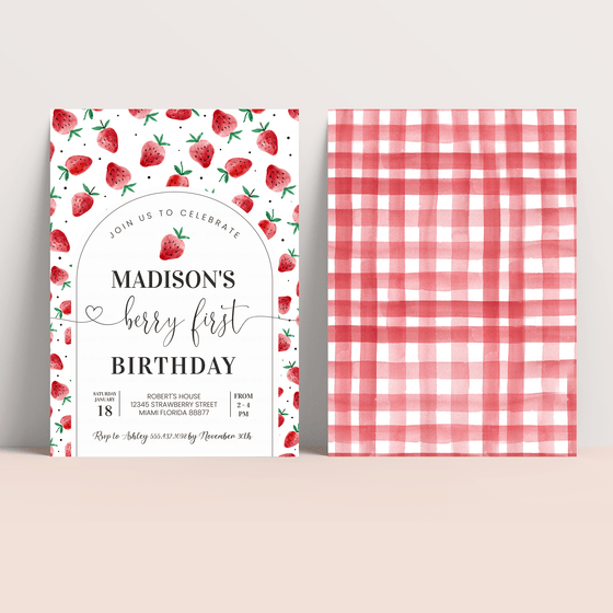 Editable Berry First Birthday Invitation Strawberry BF23