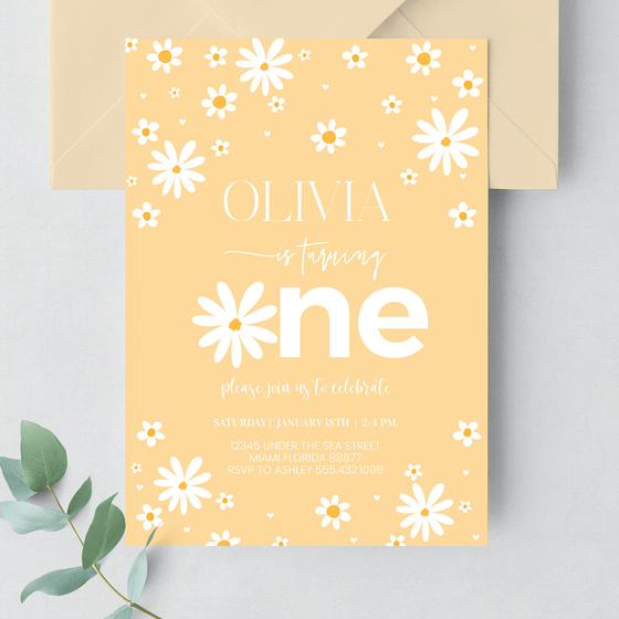 Editable Daisy First Birthday Invitation D109