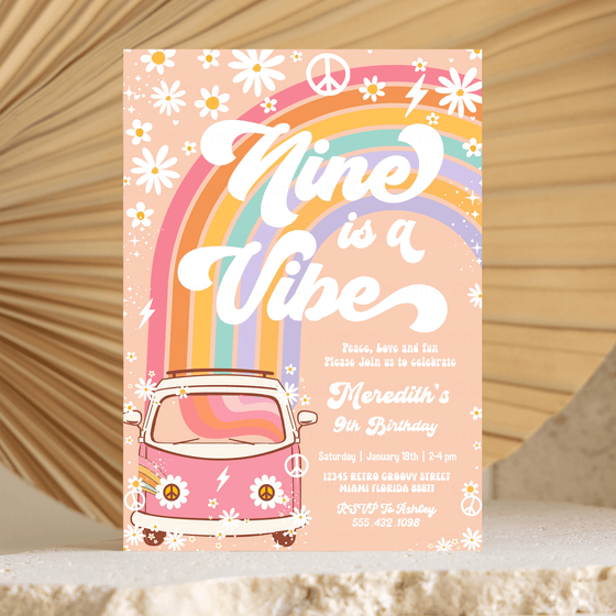 Editable Nine Is A Vibe Birthday Invitation G209