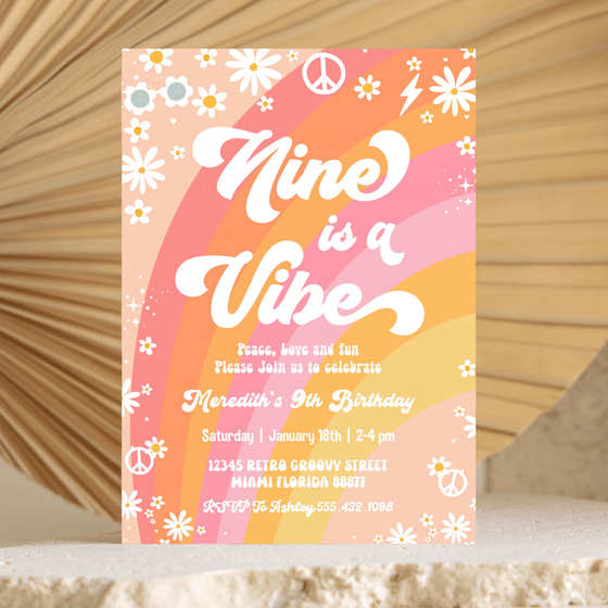 Editable Nine Is A Vibe Birthday Invitation G409