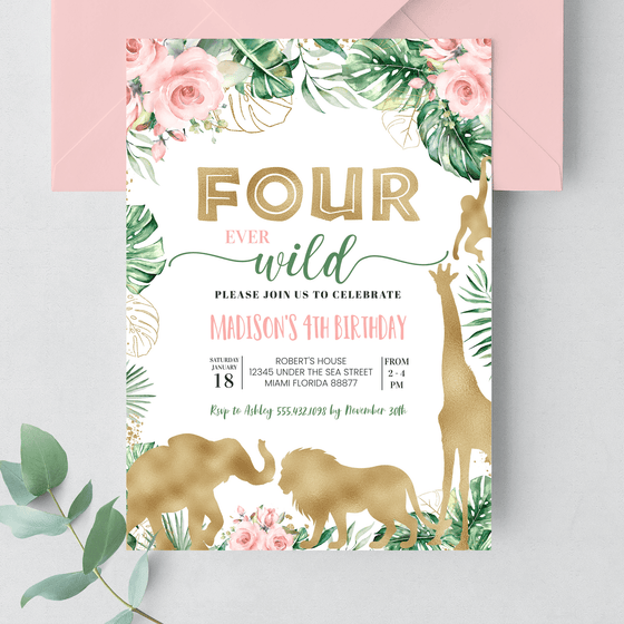 Editable Four Ever Wild Birthday Invitation JG04
