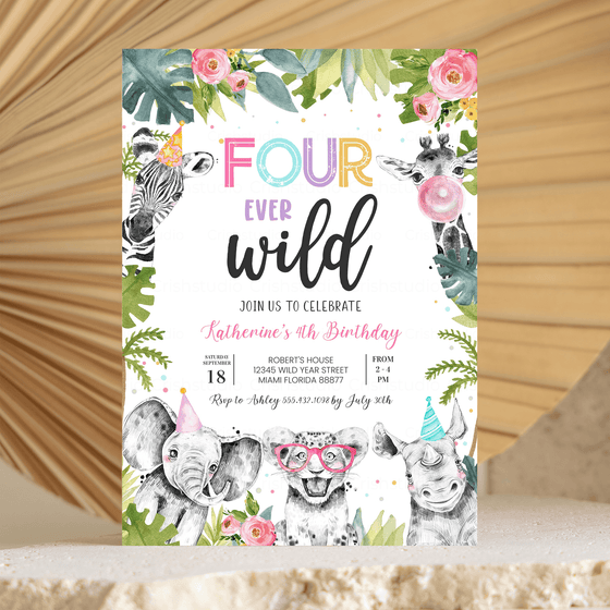 Editable Four Ever Wild Birthday Invitation S204